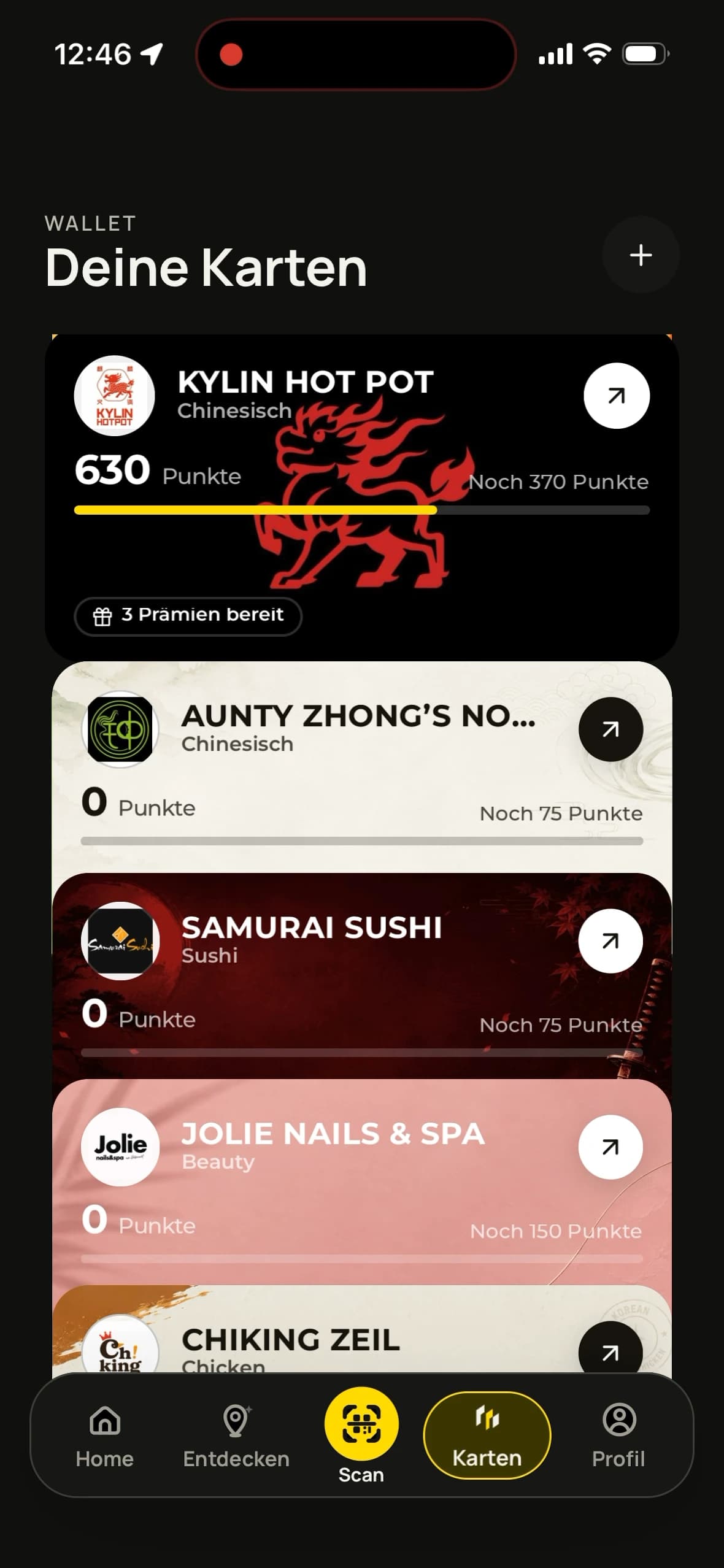 Walify Kartenübersicht mit echten Restaurantkarten und Prämienfortschritt