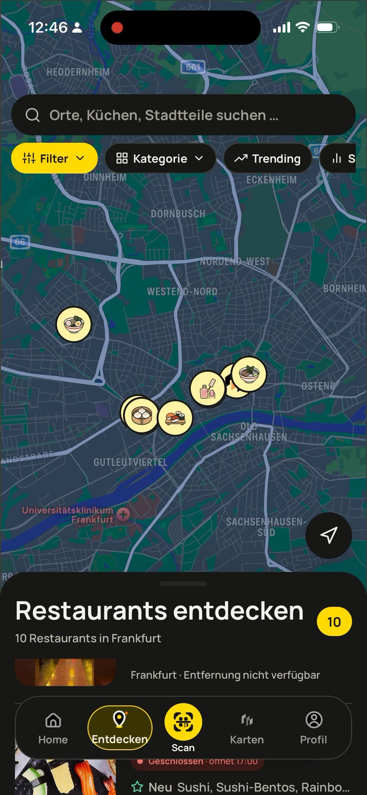 Walify Entdecken-Ansicht mit Frankfurt-Karte und Partner-Pins
