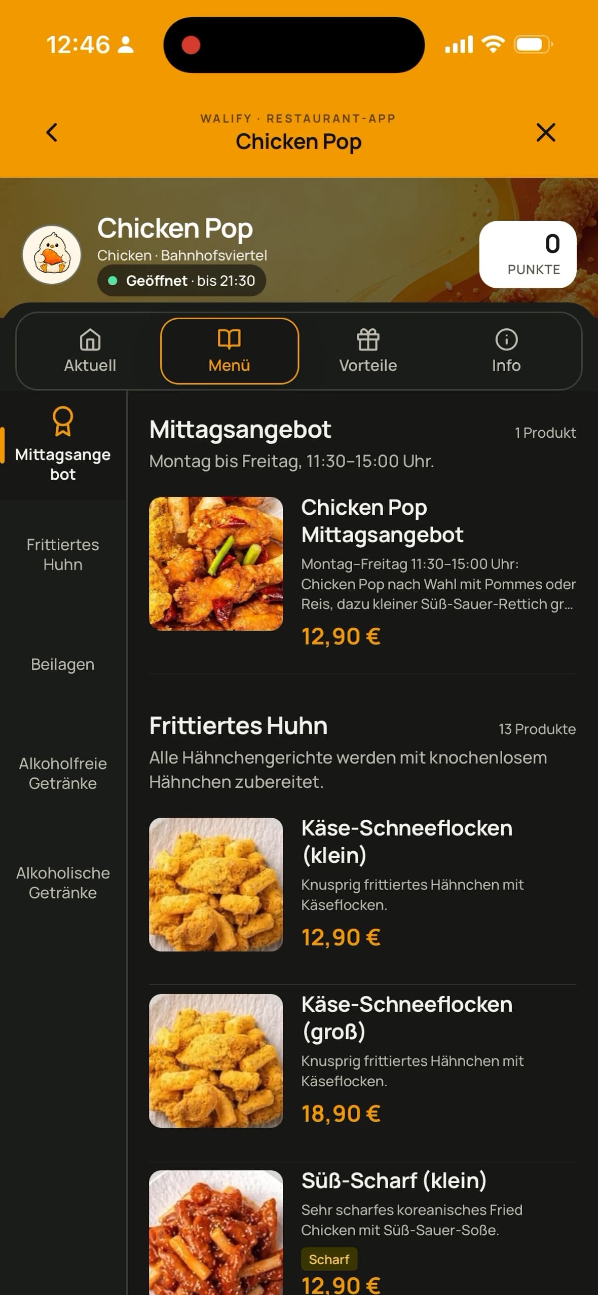 Walify Restaurantmenü mit Kategorien und Gerichten