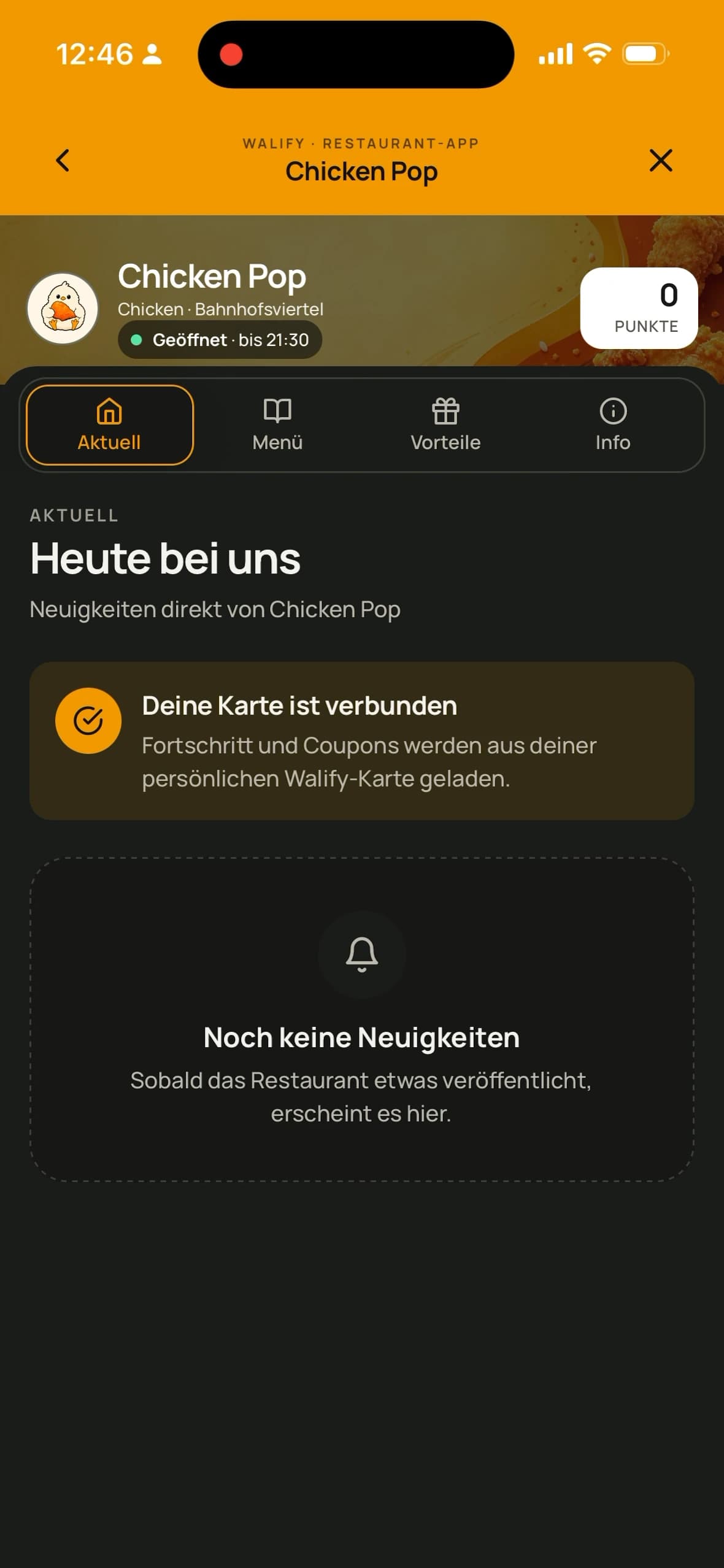 Walify Restaurantprofil mit den Bereichen Aktuell, Menü, Vorteile und Info